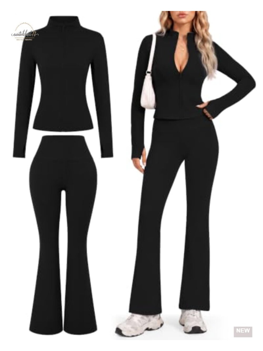 Women 2 Piece Workout Set Zip Up Jacket Flare Leggings Gym Yoga